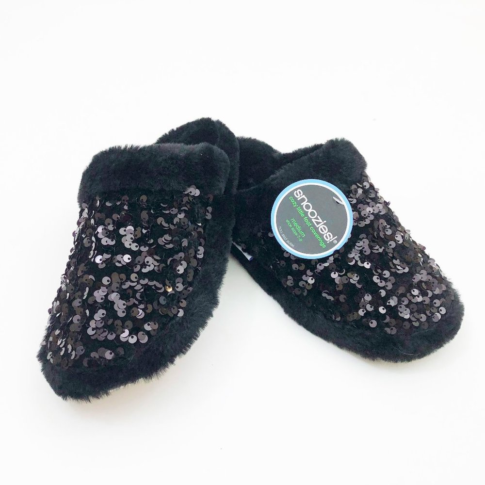 NWT Snoozies Women's Black Sequin Glam Slide Slippers Med 7/8 Non Skid Soles